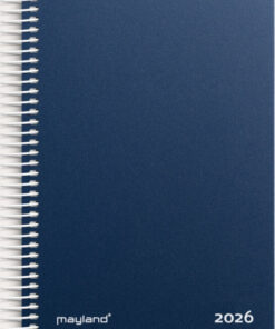 Mayland dagkalender 2026 med blåt PP-plast omslag og spiralryg, vist forfra