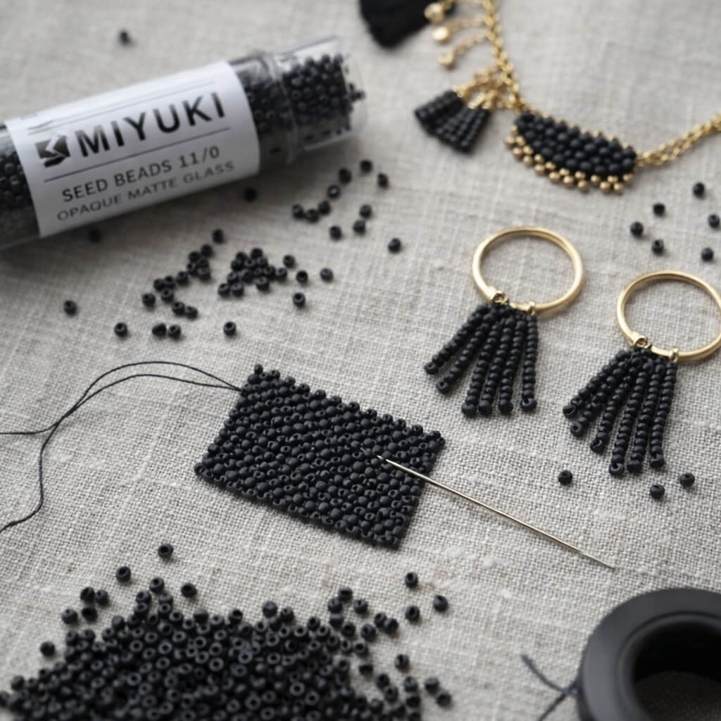 Peyote perlearbejde med Miyuki seed beads 11/0 opaque matte black 401F, nål, tråd og sorte perler til smykkefremstilling