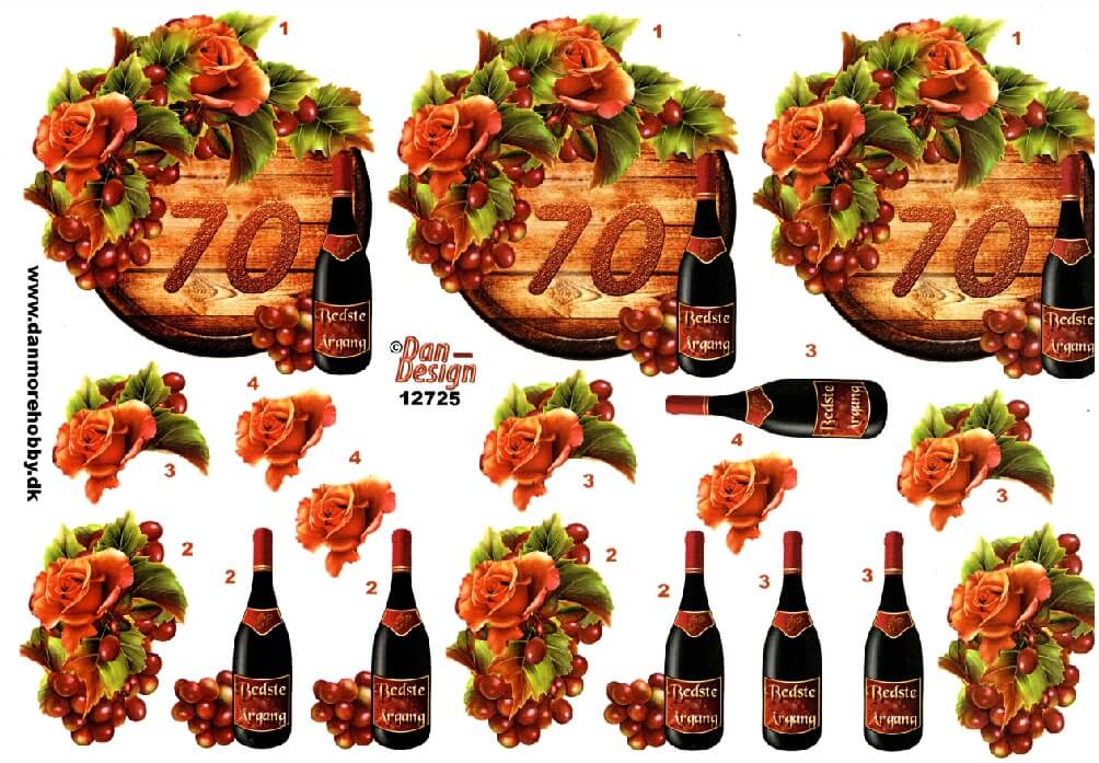 3D ark med 70 år, vinflaske og blomster