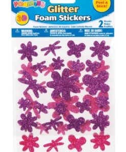 Selvklæbende glitter mosgummi stickers med blomster- og insektmotiver i lilla og pink