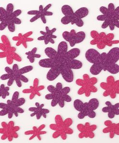 Selvklæbende glitter mosgummi stickers med blomster- og insektmotiver i lilla og pink
