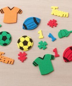 Selvklæbende mosgummi-figurer med sportsmotiver i flere farver – 94 stk