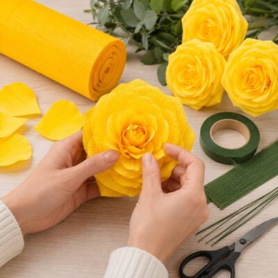 Person laver gul papirblomst med Cartotecnica Rossi crepepapir 50x150 cm premium florist crepepapir til DIY blomster