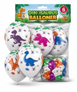 Dinosaurus balloner 30 cm 6 stk i pakke med farverige dinosaur motiver til børnefødselsdag