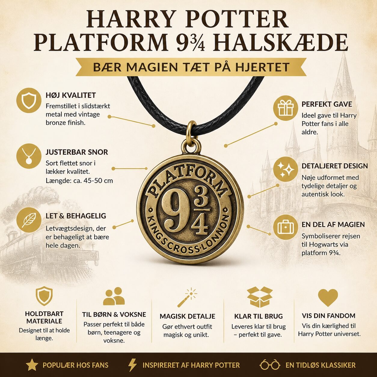 Harry Potter halskæde Platform 9 3/4 infografik med detaljer, kvalitet og gaveidé