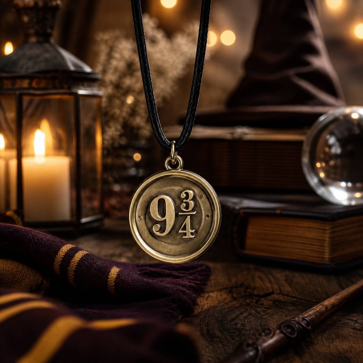 Harry Potter halskæde Platform 9 3/4 i magisk stemning med lys, bøger og tryllestav