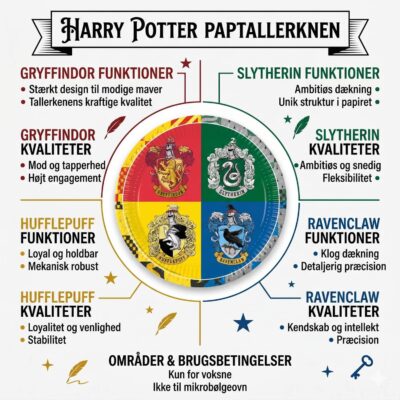 Infografik af Harry Potter paptallerkner 23 cm med Hogwarts kollegier og produktinformation
