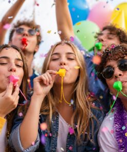 Unge til festival og fest med farverige fest fløjter med snor og konfetti
