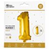 Folie talballon nummer 1 guld 66 cm i original emballage med mulighed for oppustning med luft eller helium.