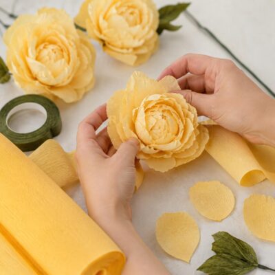 Person laver papirblomst med Cartotecnica Rossi crepepapir creme 90g til kreative DIY projekter og papirblomster