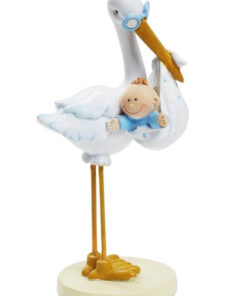 Stork med baby dreng 11 cm i blå og hvid som barnedåbspynt packshot