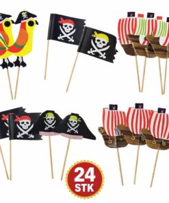 Pirat kagepynt 24 stk cupcake toppers med piratflag papegøje og piratskib til børnefødselsdag