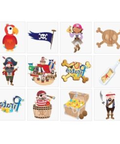 Pirat tatoveringer til børn med 6 forskellige motiver – papegøje, piratflag, skattekiste og pirater