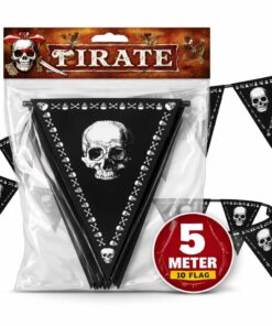 Packshot af pirat vimpel guirlande 5 meter med 10 sorte flag med dødningehoved