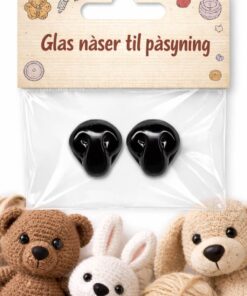 Sorte glas næser 16 mm i pakke med 2 stk til påsyning, velegnet til bamser, hæklede dyr og amigurumi