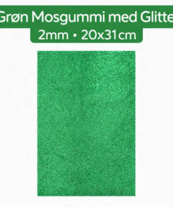 Produktbillede af grøn mosgummi med glitter med tekst: 2mm og 20x31 cm