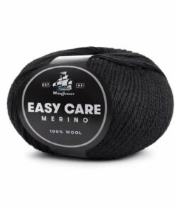 Mayflower Easy Care sort merinogarn nøgle i 100% superwash merinould på hvid baggrund, blødt strikkegarn til babystrik og sweatre.