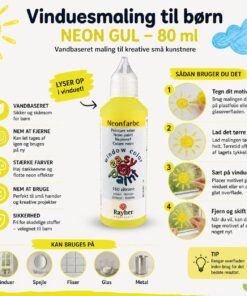 Infografik der viser hvordan man bruger vinduesmaling til børn i neon gul 80 ml med trin for trin guide og fordele