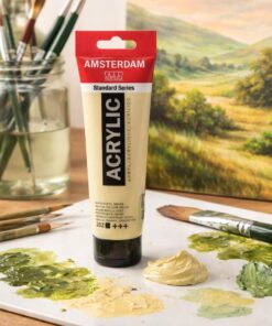 Amsterdam Standard akrylmaling Naples Yellow Green 120 ml tube på palet med grønne farver i kunstneratelier
