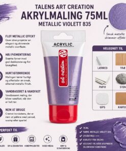 Talens Art Creation akrylmaling 75ml Metallic Violett 835 infografik med metallic effekt og information om anvendelse til lærred, træ, papir og hobbyprojekter