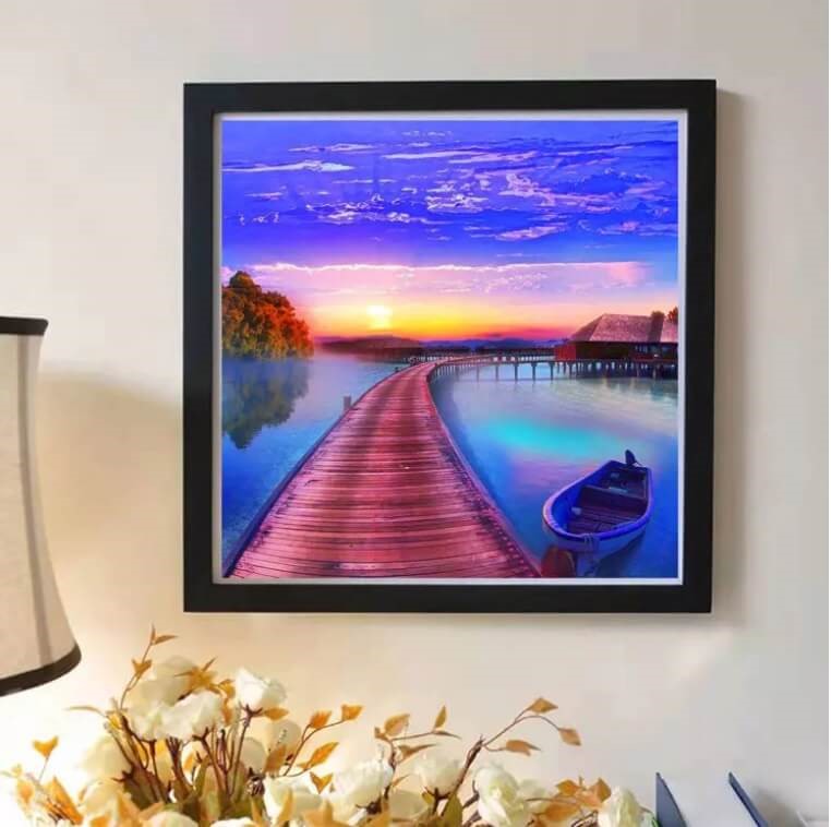 Diamond Painting 40x50cm med solnedgang og badebro