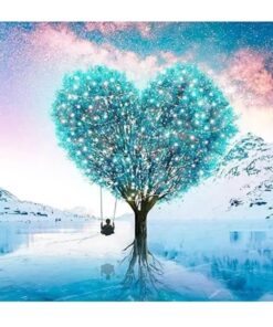 Diamond Painting blåt hjerte træ med blade