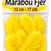 Packshot af gule marabou fjer 12 cm i pakke med 17 stk til hobby, scrapbooking, påskepynt og kreative DIY projekter