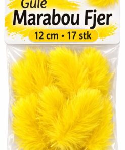 Packshot af gule marabou fjer 12 cm i pakke med 17 stk til hobby, scrapbooking, påskepynt og kreative DIY projekter