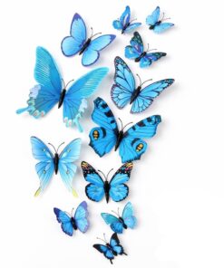 3D blå sommerfugle vægdekoration sæt med 12 stk på hvid baggrund med realistiske foldbare vinger