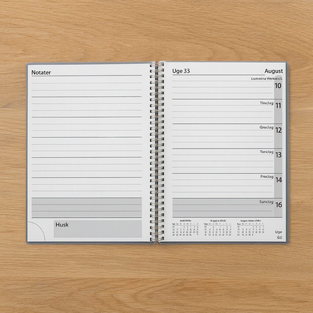 Mayland ugekalender 2026 i grå PP-plast med spiralryg og tværformat ugeskema samt notatside.