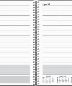 Mayland ugekalender 2026 i grå PP-plast med spiralryg og tværformat ugeskema samt notatside.