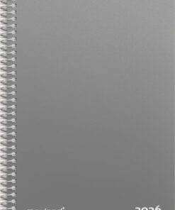 Mayland ugekalender 2026 i grå PP-plast med spiralryg og tværformat ugeskema samt notatside.