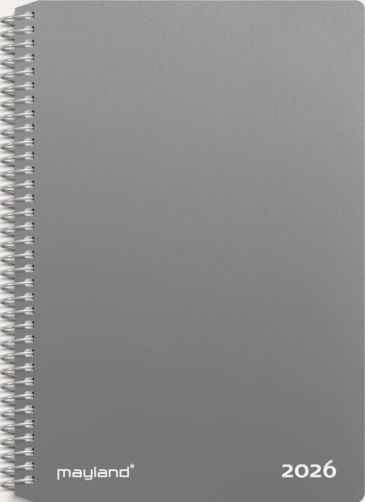 Mayland ugekalender 2026 i grå PP-plast med spiralryg og tværformat ugeskema samt notatside.