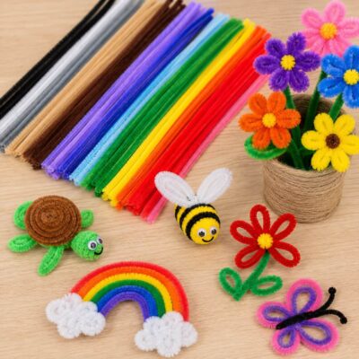 Chenille piberenser mix 6mm 30cm brugt til kreative hobbyprojekter med blomster, regnbue, sommerfugl og dyr