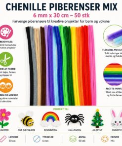 Chenille piberenser mix 6mm 30cm 50stk infografik med farverige piberensere til kreative hobbyprojekter