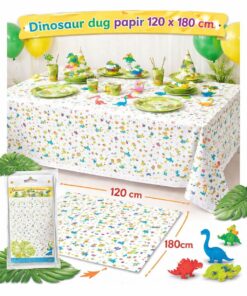Packshot af dinosaur dug papir 120x180 cm til børnefødselsdag med borddækning og fordele