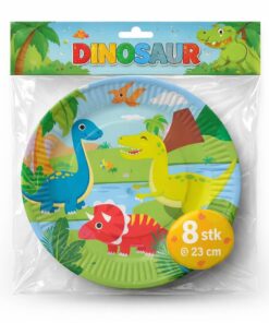 Dinosaur tallerkener 23 cm 8 stk i pakke med farverige dinosaur motiver til børnefødselsdag