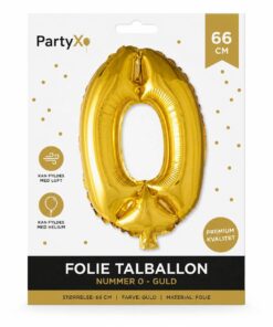 Folie talballon nummer 0 guld 66 cm i emballage. Stor guld talballon til fødselsdag, jubilæum, nytår og festdekoration.