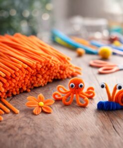 Orange piberensere 6 mm, 30 cm – 25 stk. Fleksible chenillepinde vist sammen med små kreative figurer lavet af piberensere.