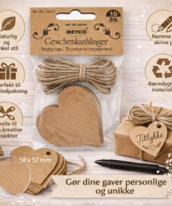 Infografik af naturfarvede gavemærker i hjerteform med snor 10 stk 58x57 mm til gaveindpakning og DIY projekter