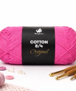 Mayflower Cotton 8/4 bomuldsgarn i pink farve med hæklenåle – klassisk bomuldsgarn til strik og hækling