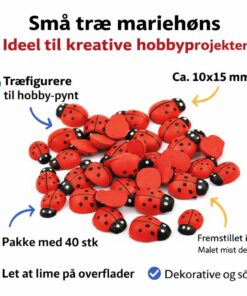 Infografik med små træ mariehøns 10x15 mm i pakke med 40 stk til hobby, DIY og dekoration