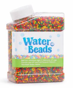 Vandperler multi farve mix 240g i gennemsigtig plastbeholder med farverige hydrogel kugler til dekoration og planter