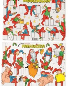 Illustration af Brammings kravlenisser i rødt og grønt, der kravler, hænger og leger omkring hvide felter på et ark med udstansede figurer