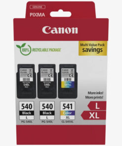 Canon PG-540L x2 og CL-541XL Multipack med to sorte højkapacitetspatroner og én XL-farvepatron – originalt Canon-blæk til skarpe og holdbare udskrifter.