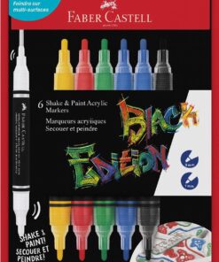 Faber-Castell Black Edition Shake & Paint Acrylic Marker sæt med seks farvede dobbeltsidede markere og emballage, vist med graffiti-inspireret tekst og klare pigmenter.