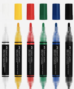 Faber-Castell Black Edition Shake & Paint Acrylic Marker sæt med seks farvede dobbeltsidede markere og emballage, vist med graffiti-inspireret tekst og klare pigmenter.