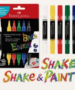 Faber-Castell Black Edition Shake & Paint Acrylic Marker sæt med seks farvede dobbeltsidede markere og emballage, vist med graffiti-inspireret tekst og klare pigmenter.