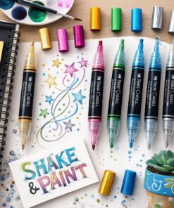 Faber-Castell Black Edition Shake & Paint Acrylic Markers i metallic farver vist i et kreativt miljø med tegninger og dekorationsprojekter.