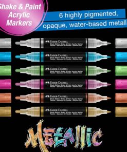 Faber-Castell Black Edition Shake & Paint Acrylic Markers i metallic farver vist i et kreativt miljø med tegninger og dekorationsprojekter.